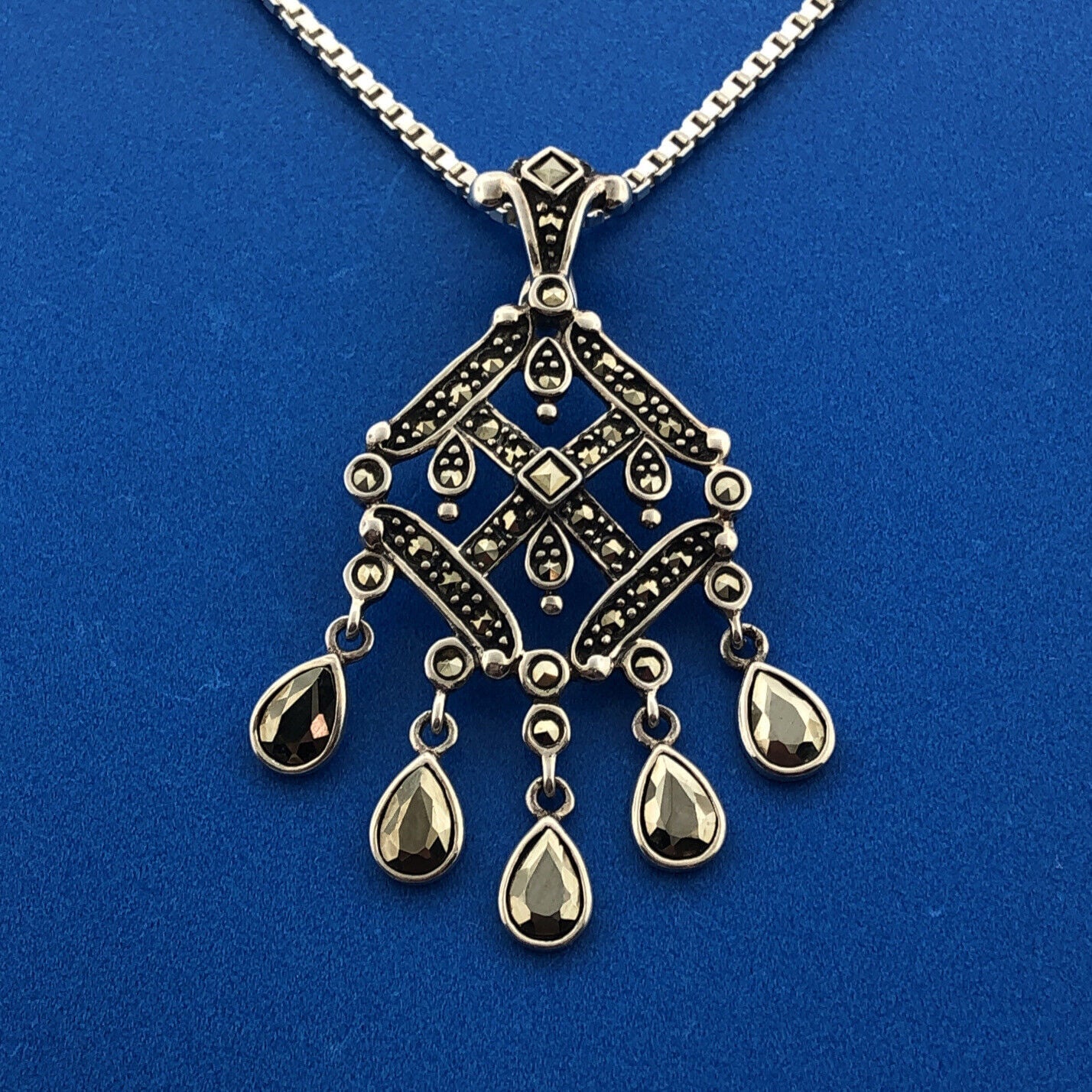 Marcasite Sterling Silver 925 Art Deco Style Dangle Pendant Enhancer Necklace