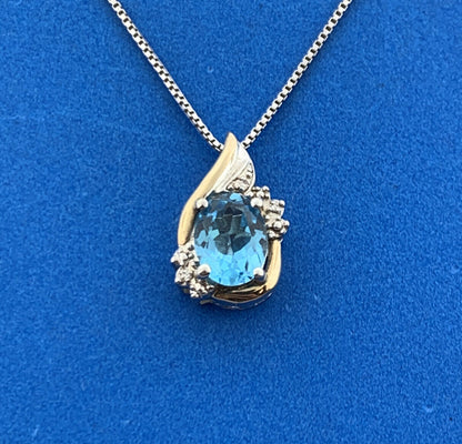 Designer Sterling Silver 10K Yellow Gold Blue Topaz Solitaire Diamond Necklace