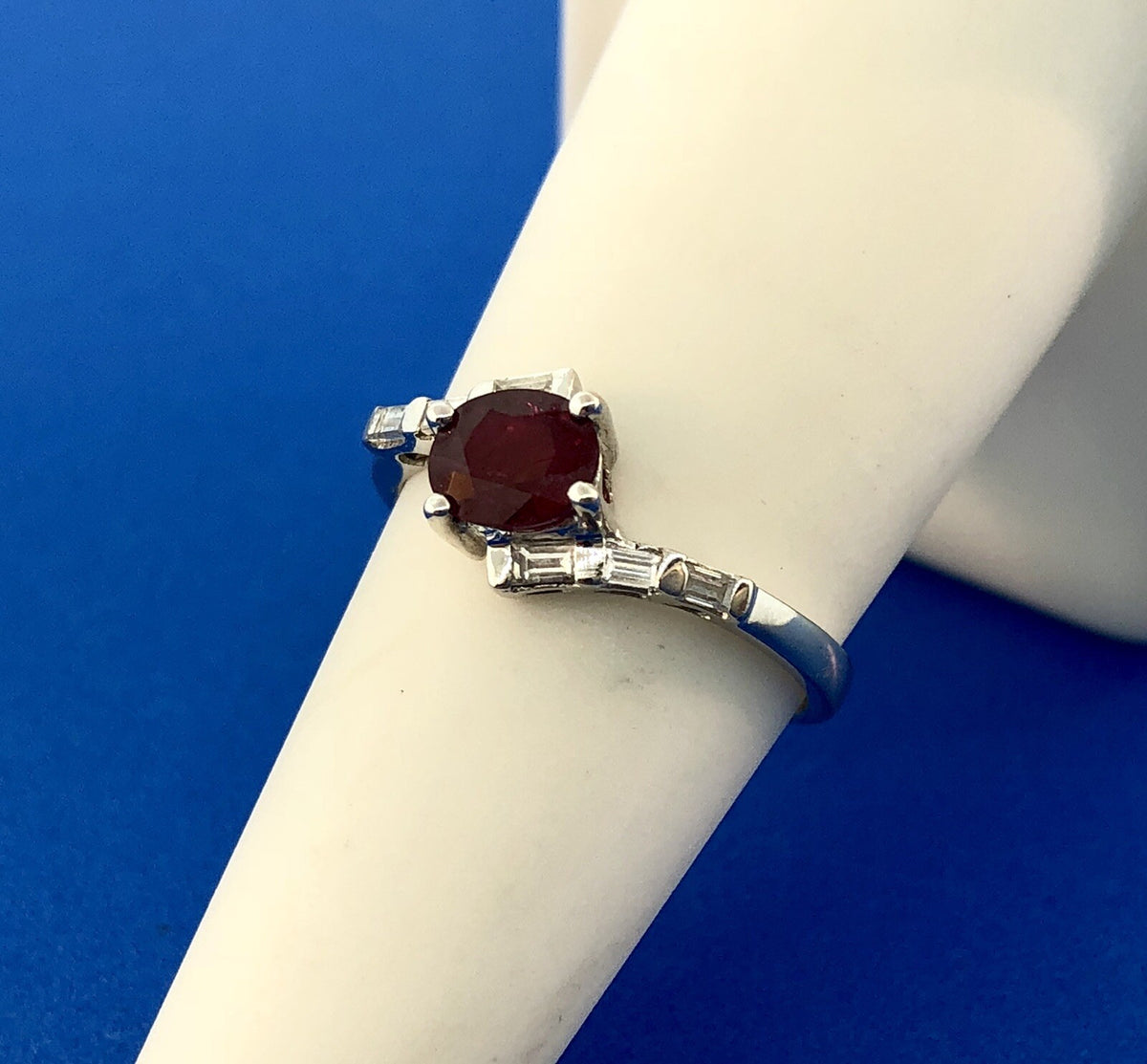 Estate Designer 14K White Gold Ruby Diamond July Anniversary Bypass Ring