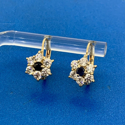 Designer Italy 14K Yellow Gold Sapphire Cubic Zirconia Floral Cluster Earrings