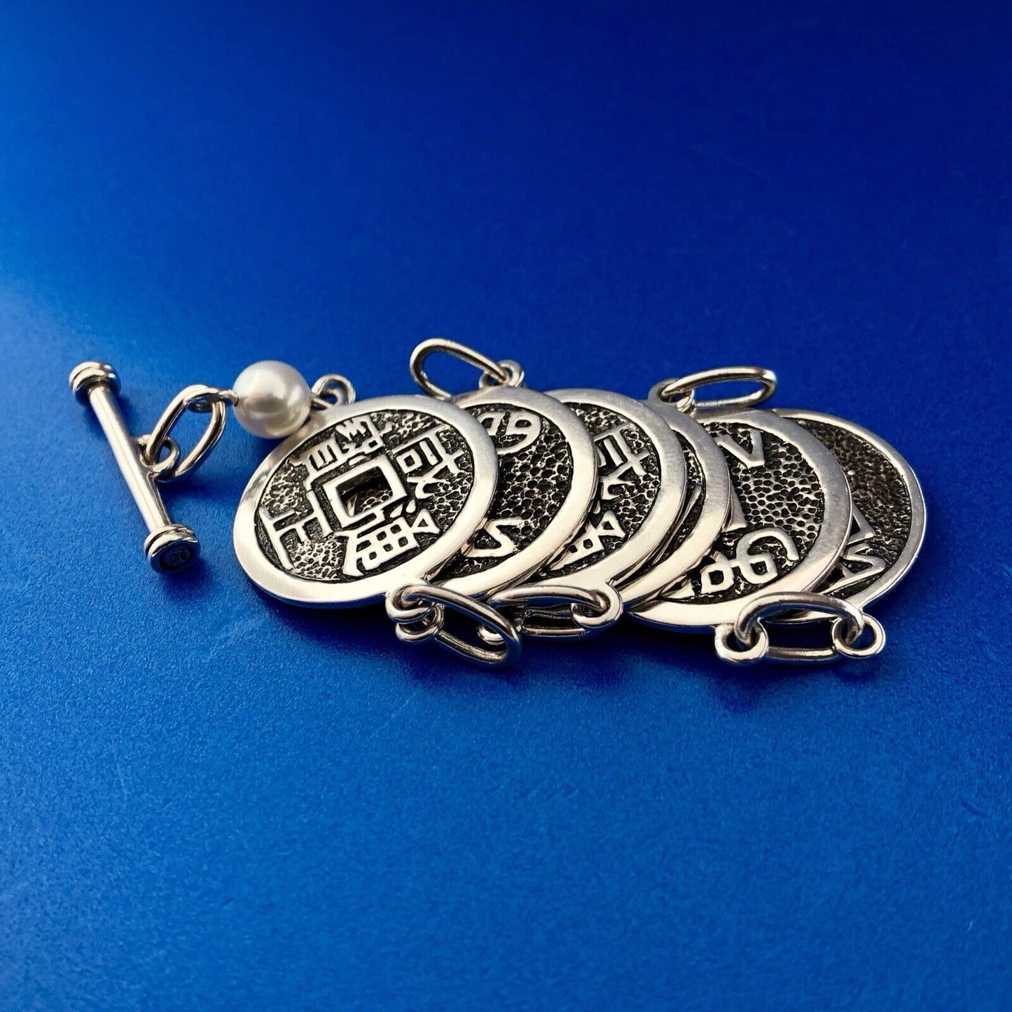 Designer Sterling Silver 925 Chinese Character Disc Panel Link Toggle Bracelet