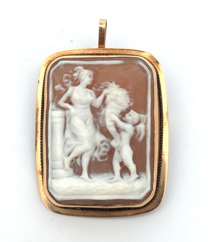 Victorian 14K Yellow Gold Carved Rectangle Cameo of Woman Child Pendant Brooch