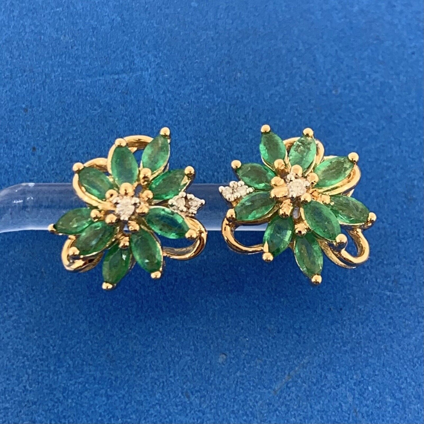 Designer 10K Yellow Gold Marquise Emerald Diamond Accented Floral Stud Earrings