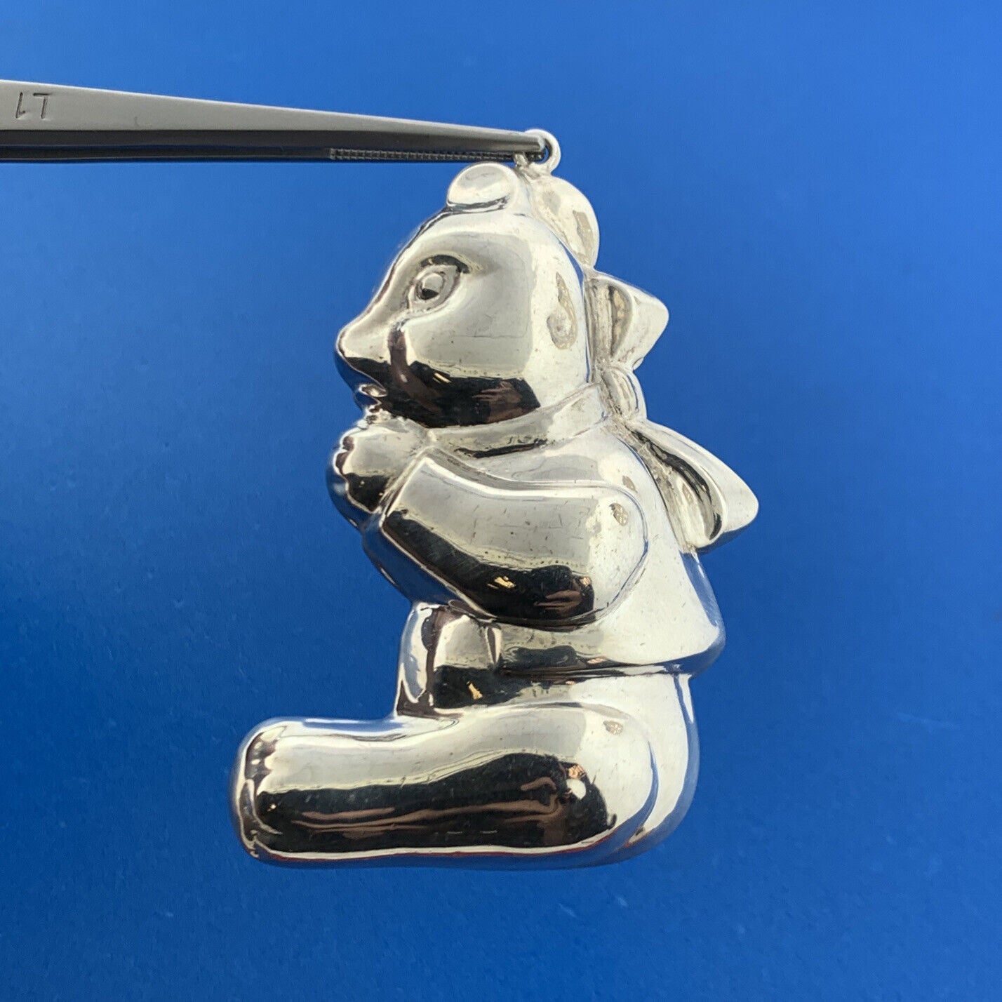 Puffy Sterling Silver 925 Teddy Bear Ribbon Animal Holiday Ornament