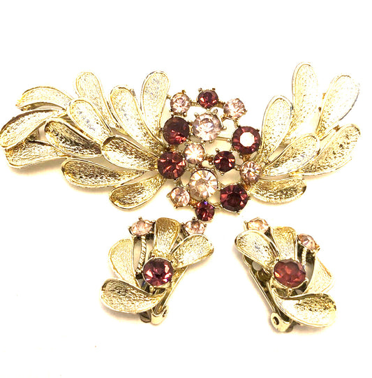 Vintage Coro Gold Tone Purple Rhinestone Leaf Feather Design Brooch Earrings Set