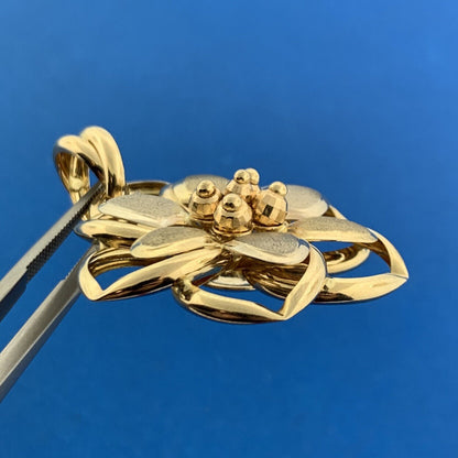 Designer Italy 14K White Yellow Gold Two Toned Brushed Statement Floral Pendant