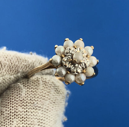 Gorgeous 10k Yellow Gold White Pearl Diamond Accent Dome Ring Size 6.75