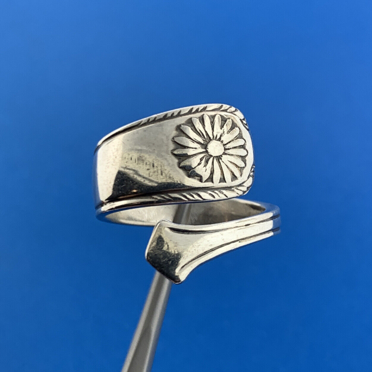 Designer 925 Sterling Silver Floral Flower Bypass Spoon Adjustable Ring