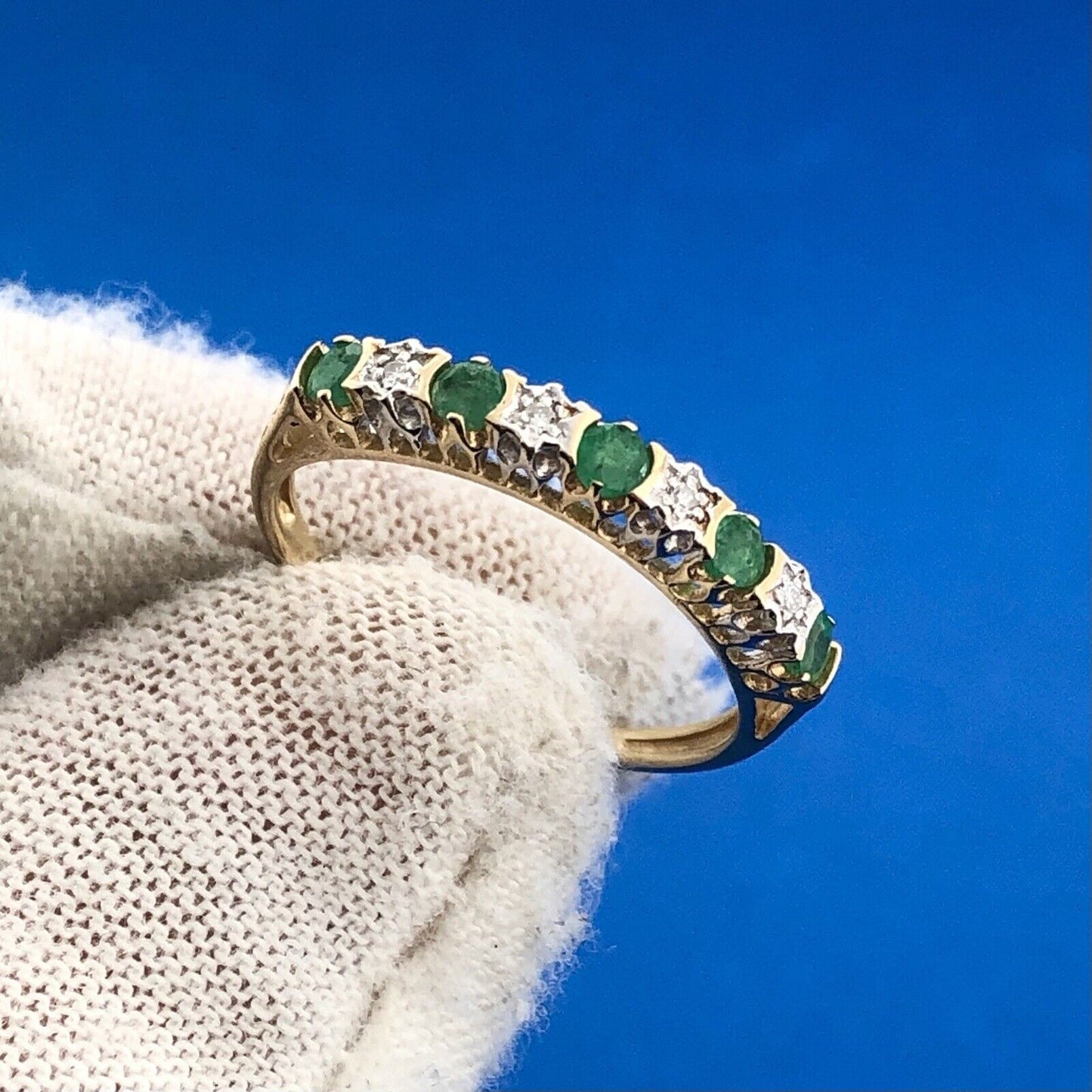 Designer 14K Yellow Gold Emerald Diamond May Anniversary Eternity Band Ring