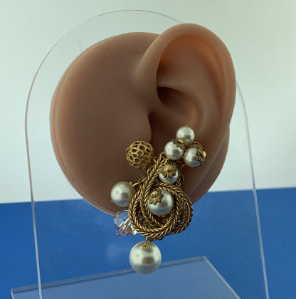 Vintage Gold Tone Faux Pearl Crystal Bead Knotted Rope Statement Clip Earrings