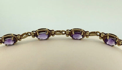 Vintage 10K Yellow Gold Oval Amethyst Panel February Anniversary Tennis Bracelet