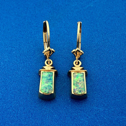Retro Designer 14K Yellow Gold Rectangle Cabochon Opal Dangle LeverBack Earrings