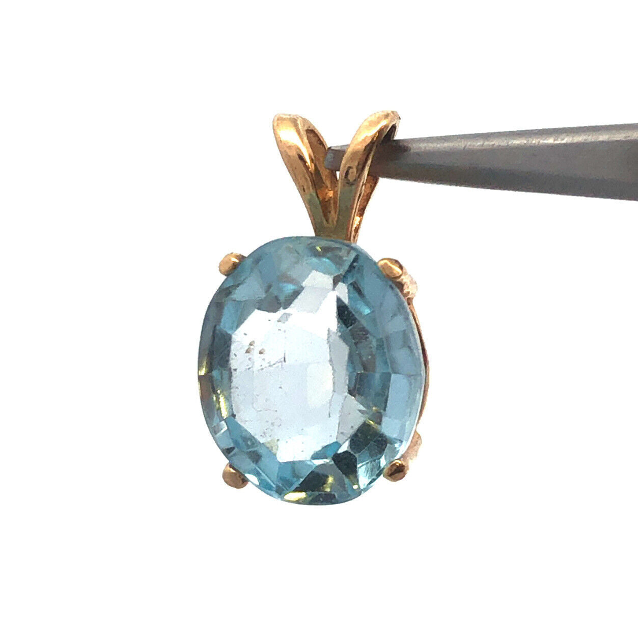 14K Yellow Gold Oval Swiss Blue Topaz Solitaire December Anniversary Pendant