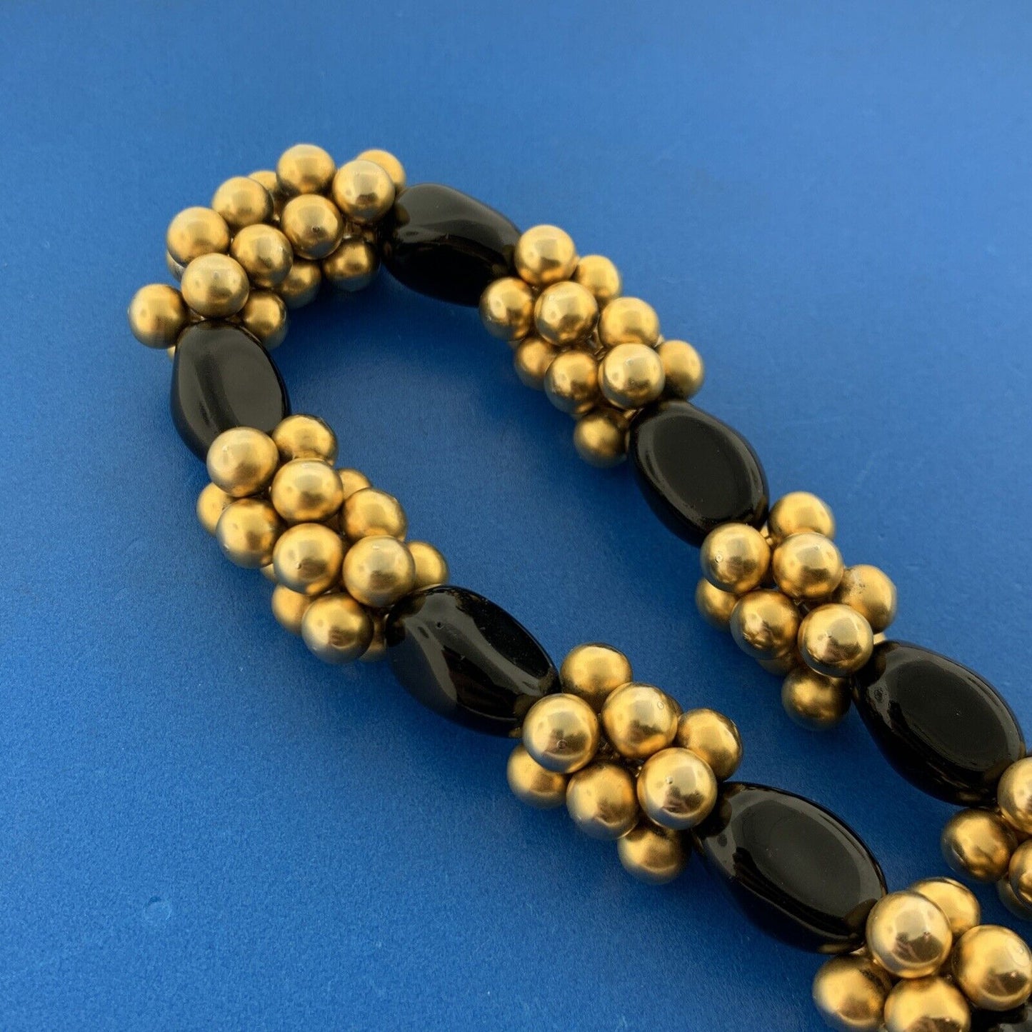 Haute Couture Runway Quality Black Onyx Gold Tone Metal Beads Statement Necklace