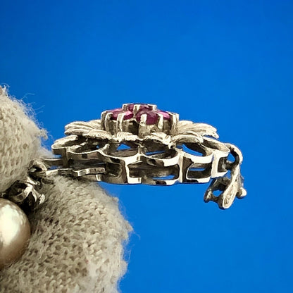 Vintage 18k White Gold Round Ruby White Pearl Flower Bracelet Necklace Clasp