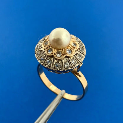 Vintage 18K Yellow White Gold Pearl White Amethyst Double Halo Tiered Ring