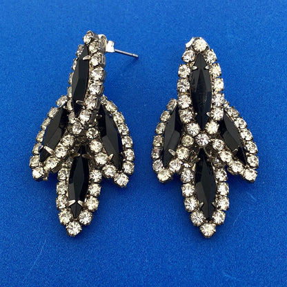 Art Deco Silver Tone Black Jet White Rhinestone Feather Leaf Dangle Earrings