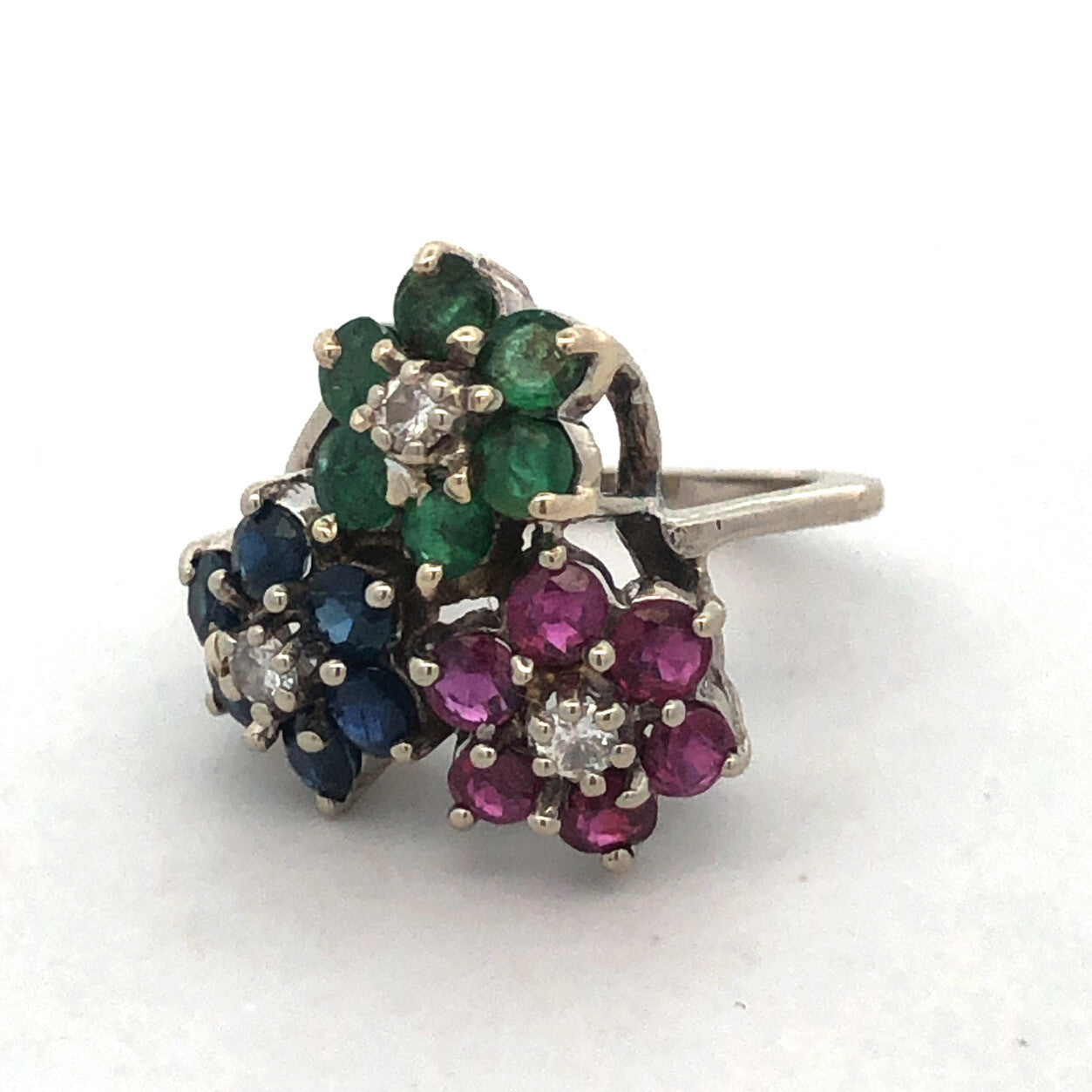 KOL 14K White Gold Round Ruby Sapphire Emerald Topaz Floral Cluster Pinky Ring