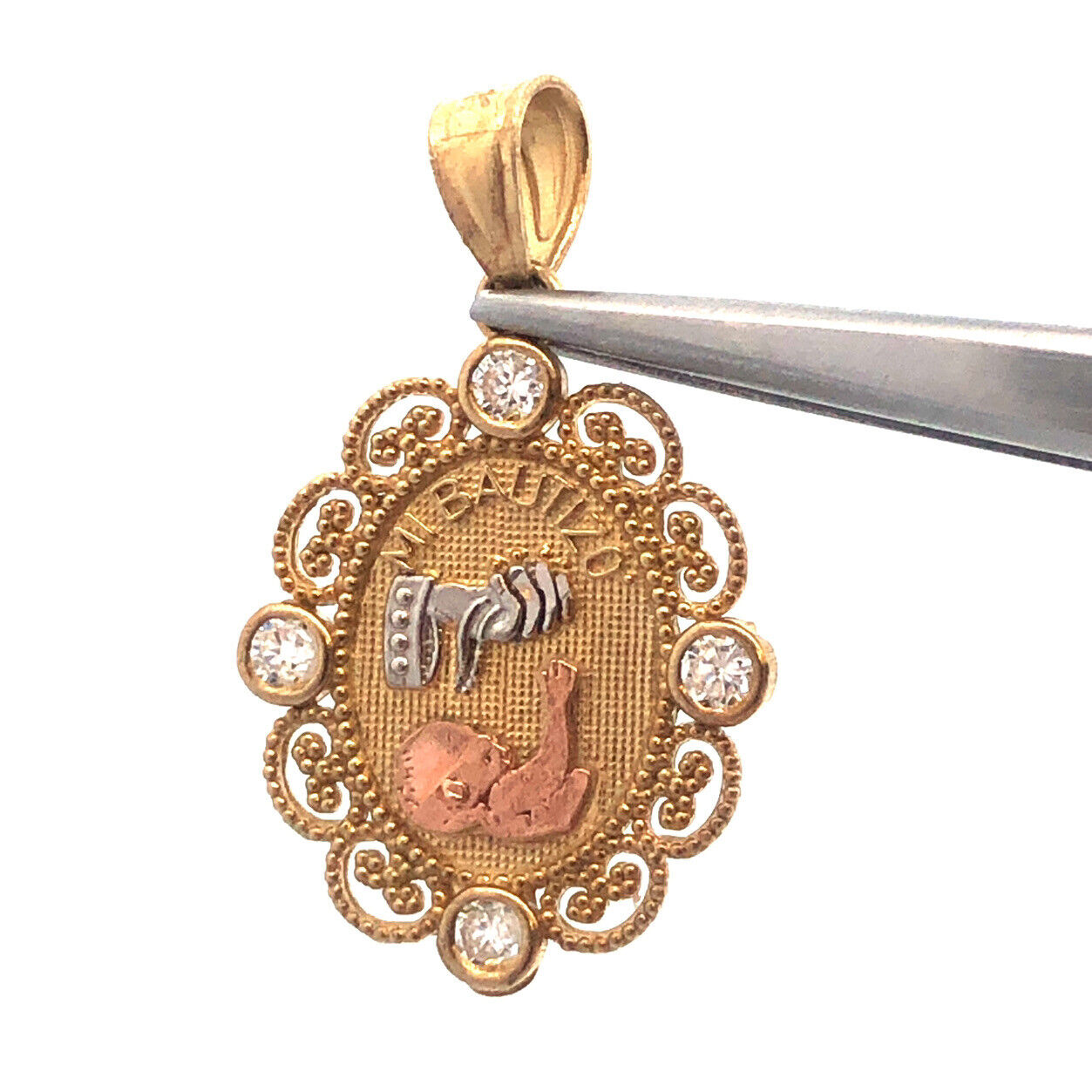 10K Tri Gold White Topaz Mi Bautizo God Bless Baptism Oval Filigree Pendant