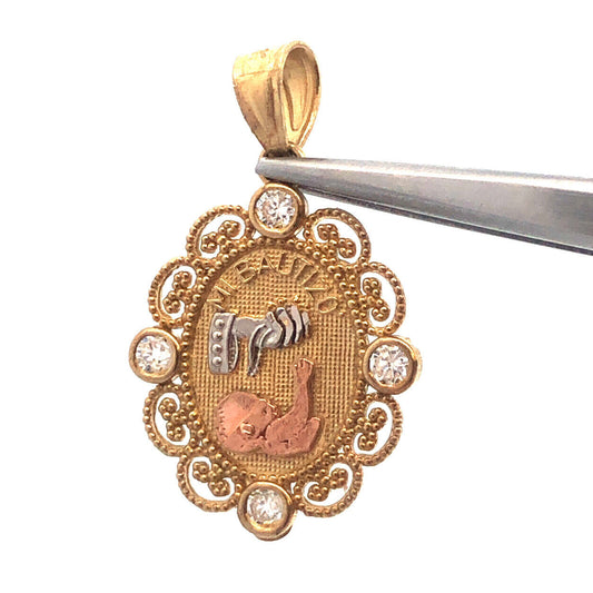 10K Tri Gold White Topaz Mi Bautizo God Bless Baptism Oval Filigree Pendant