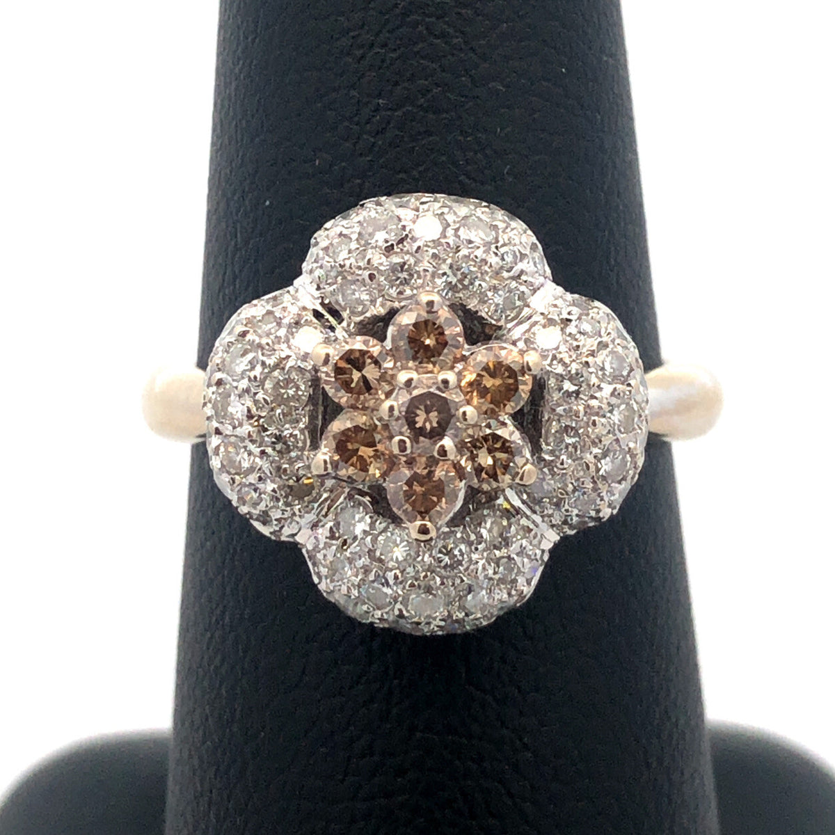 Designer 18K White Gold Champagne White Diamond Flower Statement Cocktail Ring
