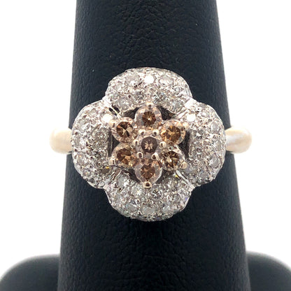 Designer 18K White Gold Champagne White Diamond Flower Statement Cocktail Ring