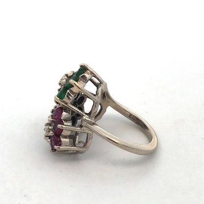 KOL 14K White Gold Round Ruby Sapphire Emerald Topaz Floral Cluster Pinky Ring