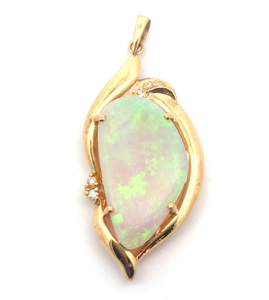 Large Australian Black Opal Pendant Solid 14k Yellow Gold with Diamond Accents