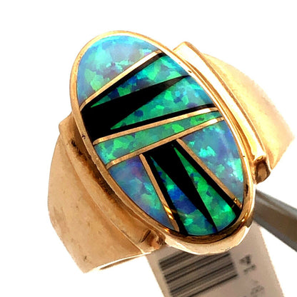 Calvin Begay Navajo 14K Yellow Gold Opal Onyx Storyteller Statement Ring