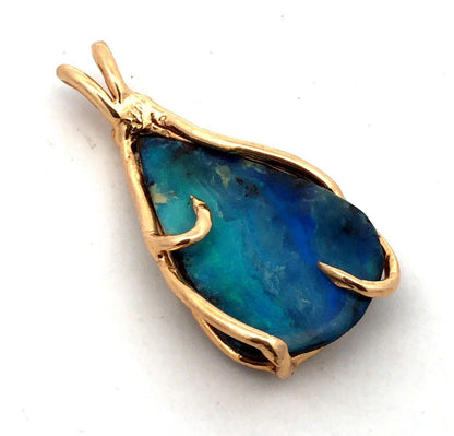 Estate 14K Yellow Gold Teardrop Blue Opal Wire Wrapped Modernist Pendant