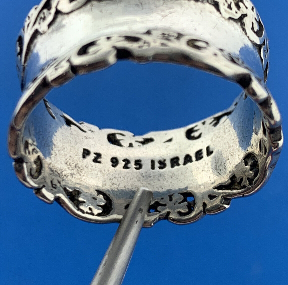 Designer PZ Israel 925 Sterling Silver Floral Scroll Wide Cigar Band Ring