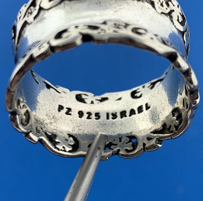Designer PZ Israel 925 Sterling Silver Floral Scroll Wide Cigar Band Ring