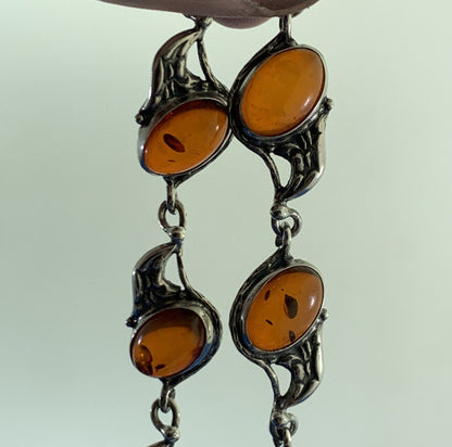 Vintage 925 Sterling Silver Oval Amber Cabochon Station Tennis Bracelet