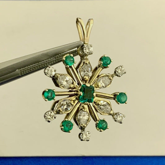 Vintage 14K Yellow Gold Diamond and Emerald Flower Snowflake Statement Pendant