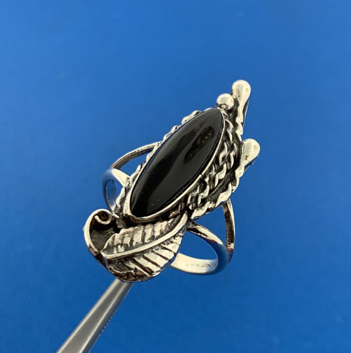 Native American Old Pawn 925 Sterling Silver Black Onyx Squash Blossom Ring