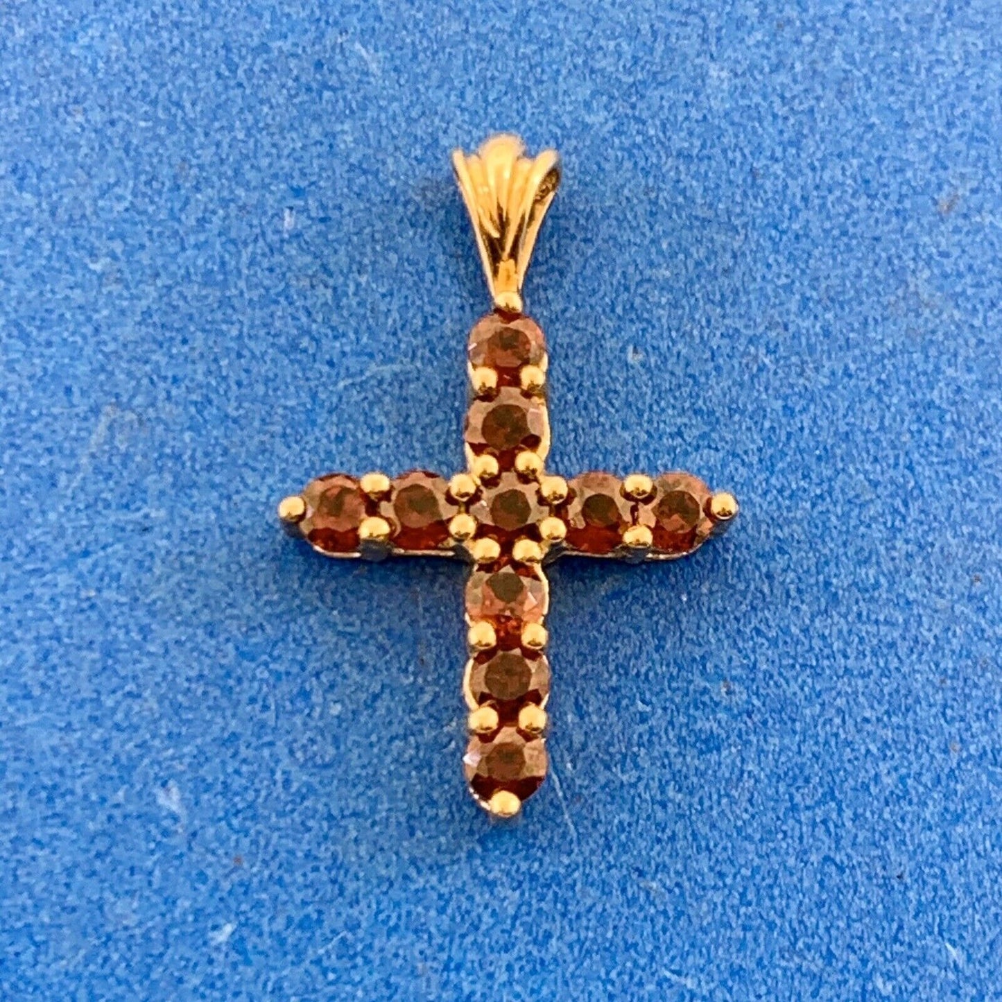 Designer HN 10K Yellow Gold Round Red Garnet Petite Cross Pendant