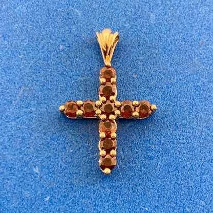 Designer HN 10K Yellow Gold Round Red Garnet Petite Cross Pendant