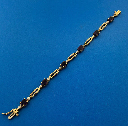 Gorgeous 10k Yellow Gold Oval Cut Purple Amethyst Diamond 6" Tennis Bracelet
