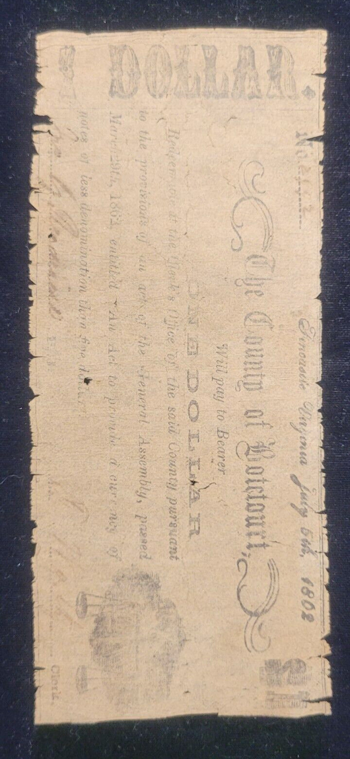 1862 $1 County of Botetourt, Fincastle, Virginia Obsolete Currency Bank Note
