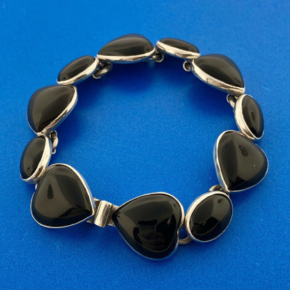 Vintage Taxco Mexico 925 Sterling Silver Black Onyx Heart Oval Panel Bracelet