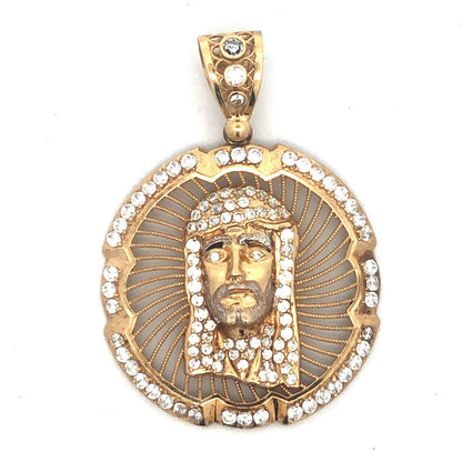 10K Yellow Gold Cubic Zirconia Christ Head Jesus Religious Statement Pendant