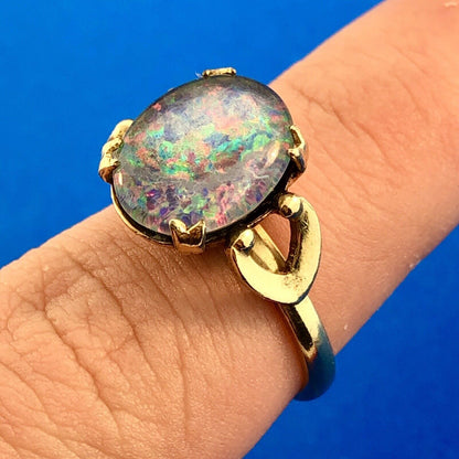 Vintage 10K Yellow Gold Filled Opal Doublet Cabochon October Anniversary Ring