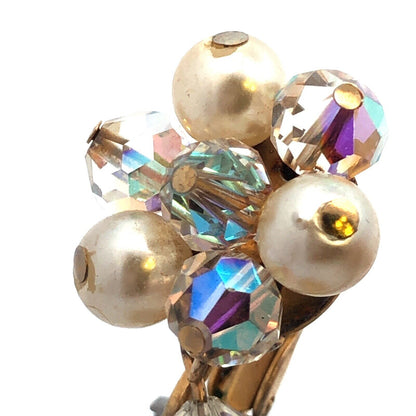 Vintage Gold Tone Faux Pearl Crystal Bead Statement Chandelier Clip On Earrings