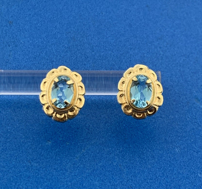 14K Yellow Gold Oval Blue Topaz December Floral Statement Stud Earrings