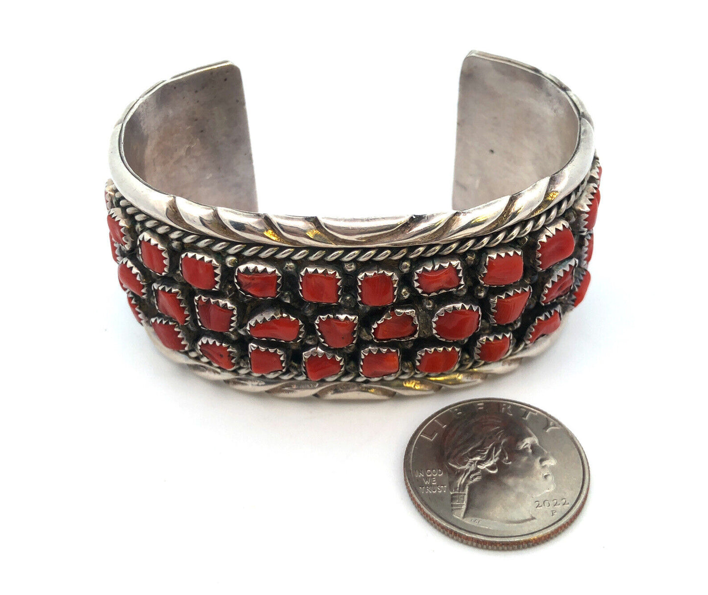 Melvin Chee Navajo 925 Sterling Silver Red Coral Statement Open Cuff Bracelet