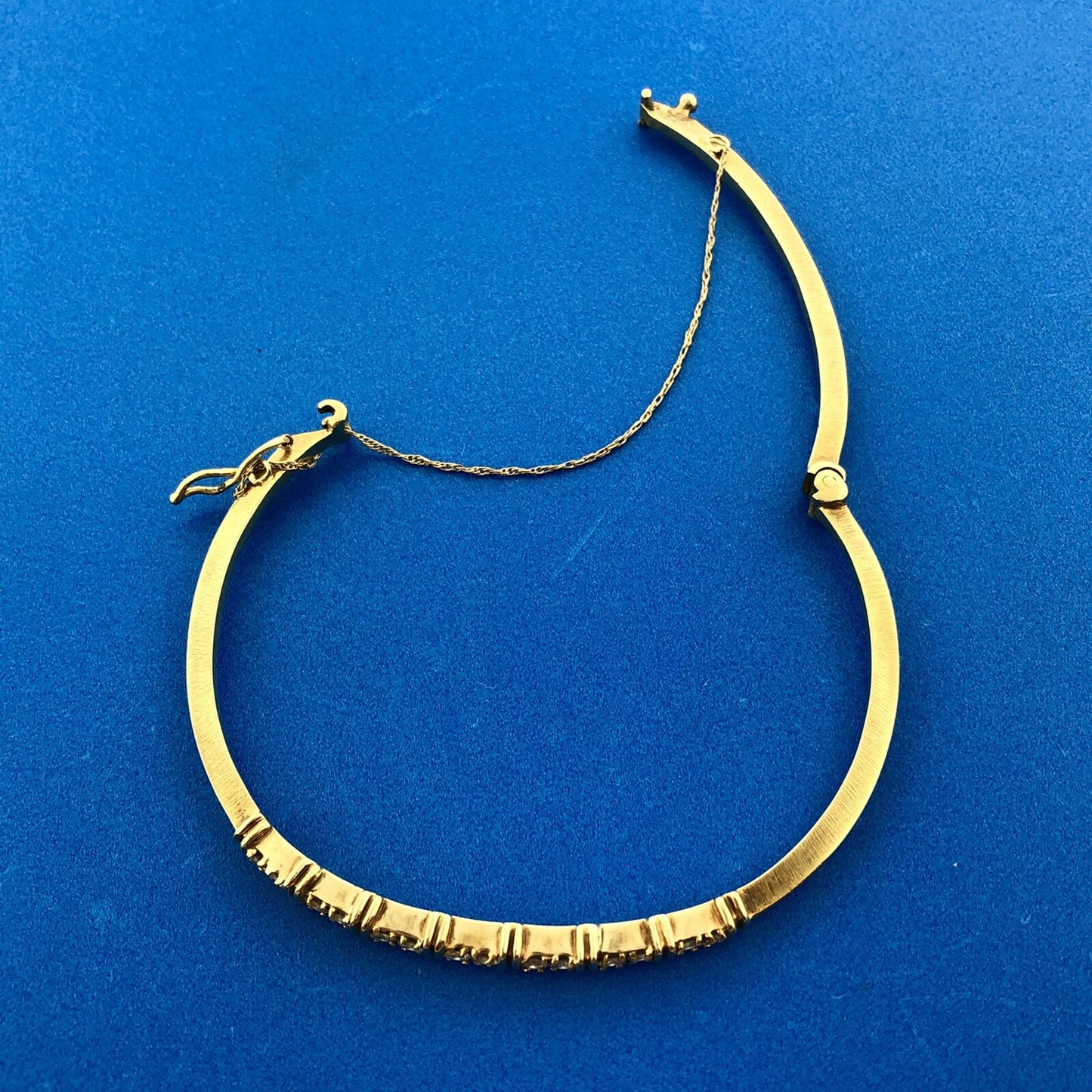 Vintage 14k Yellow Gold Round Cut Diamond Hinged Cuff w/Safety Chain Bracelet