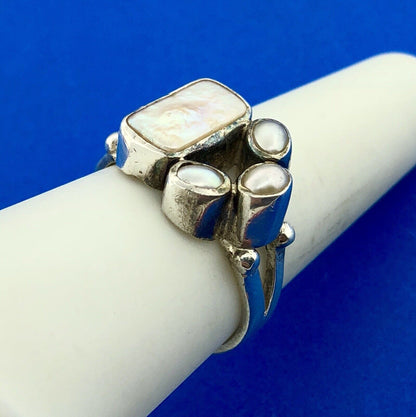 Sterling Silver 925 Freshwater Pearl Mother Of Pearl Cabochon Free Form Ring