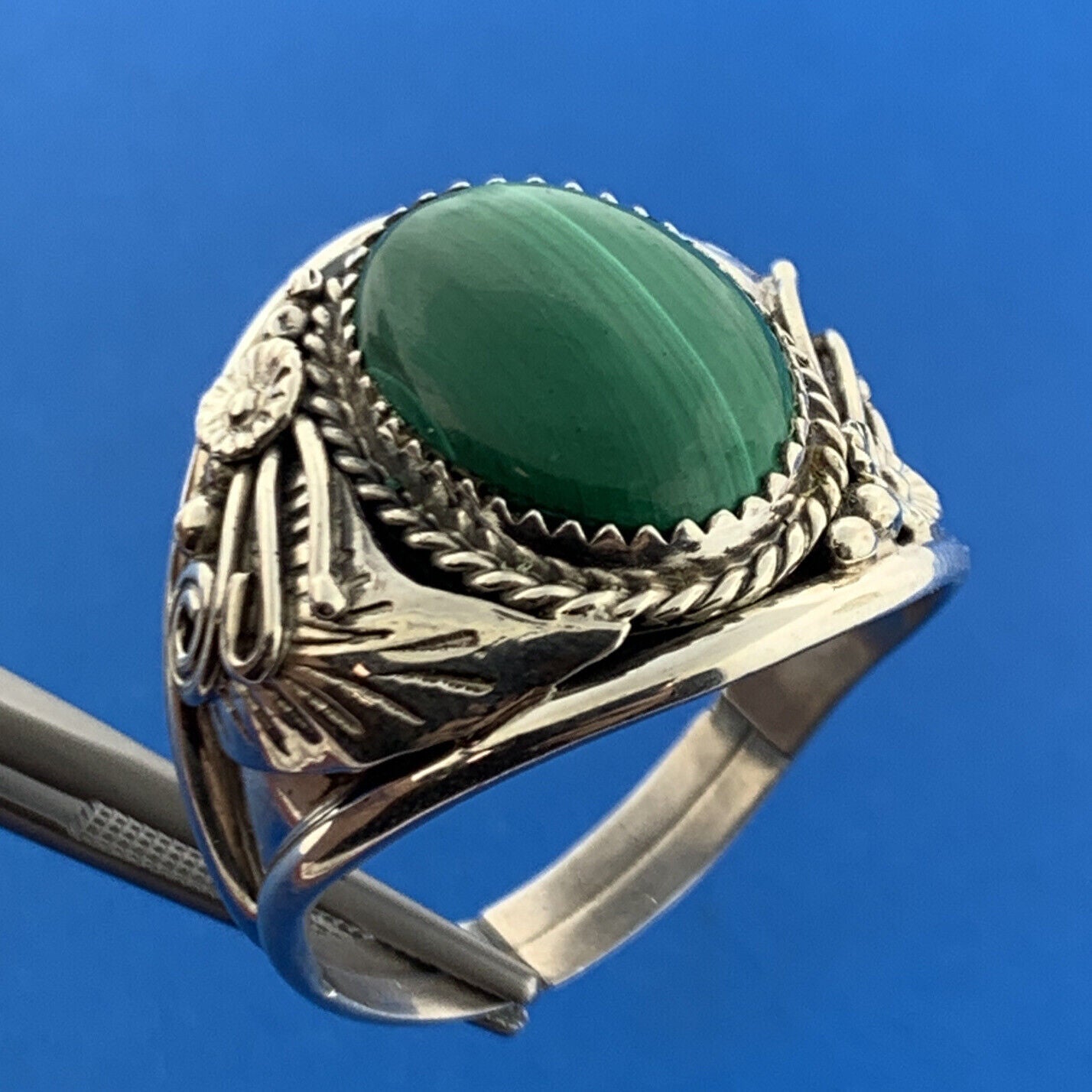 Navajo Lorraine Spencer 925 Sterling Silver Malachite Unisex Squash Blossom Ring