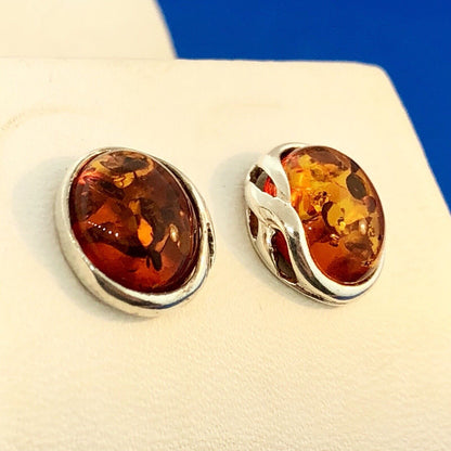 Retro 925 Sterling Silver Oval Baltic Amber Stud Earrings