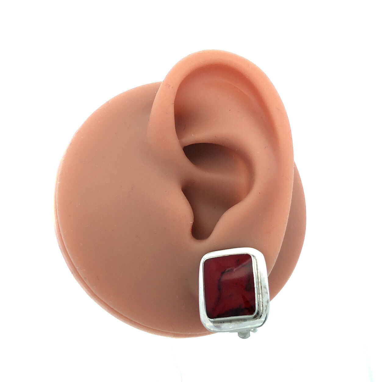 Designer Mexico Sterling Silver Brecciated Red Jasper Rectangle Clip Earrings
